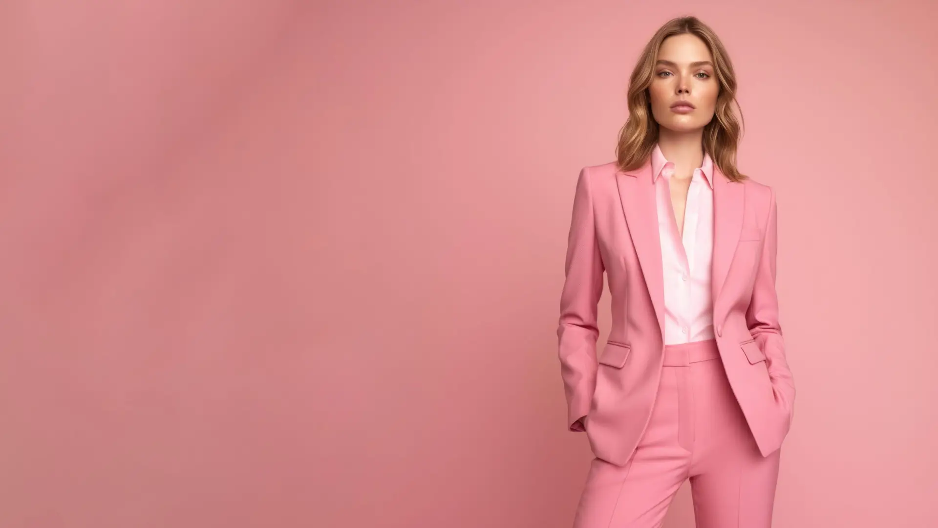 A young blond woman in pink clothing stands against a solid pink background. Studio. Isolated pink background. Generative AI.